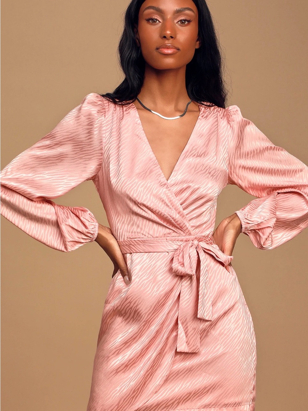 Lulu's Blush Pink Satin-Look Wrap Mini Dress with Tie Waist